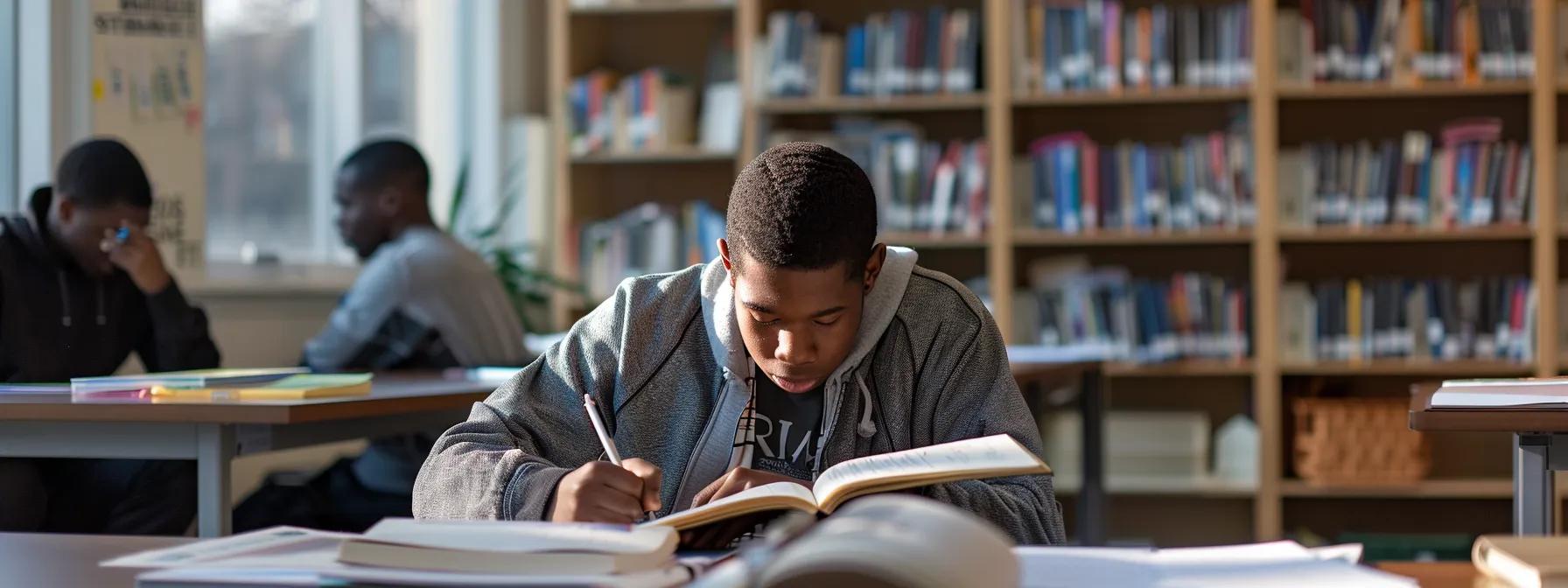 a focused high school student is seated at a sleek, modern desk in a well-lit urban tutoring center, surrounded by study materials, as they engage in a dynamic lesson with an attentive tutor.